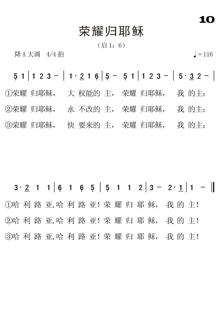 010荣耀归耶稣-简谱单声部