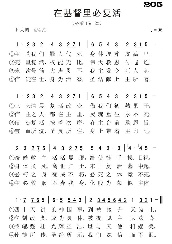 205在基督里必复活-简谱单声部