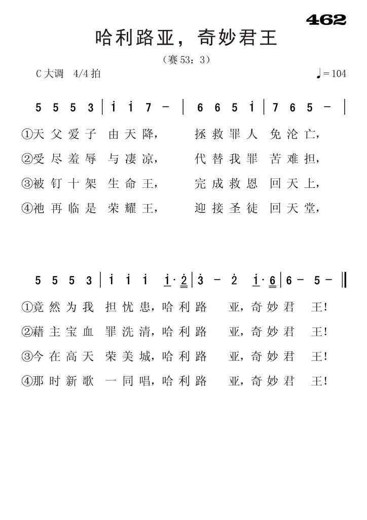 462哈利路亚奇妙君王-简谱单声部