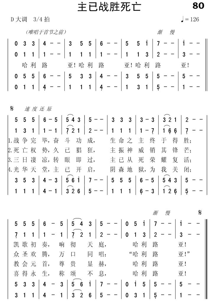 080主已战胜死亡-简谱四声部