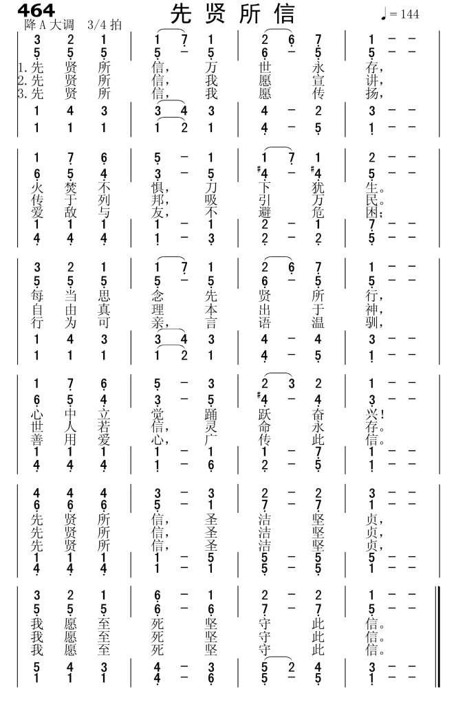 464先贤所信-简谱四声部